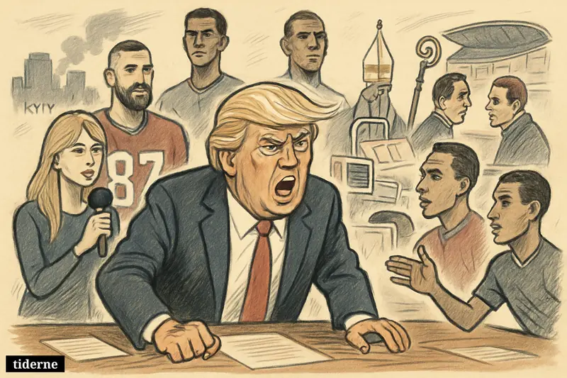 Trump dominates a crowded caricature news scene, surrounded by Taylor Swift, Travis Kelce, football stars, and symbols of war, health, church conflict, and media.