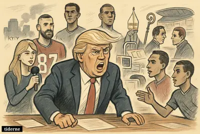 Trump dominates a crowded caricature news scene, surrounded by Taylor Swift, Travis Kelce, football stars, and symbols of war, health, church conflict, and media.