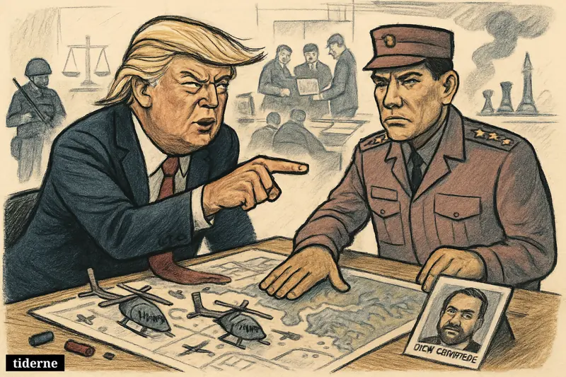 Trump and a Venezuelan officer stand over a raid table, coordinating an operation targeting gang leader Niño Guerrero in a tense command room.