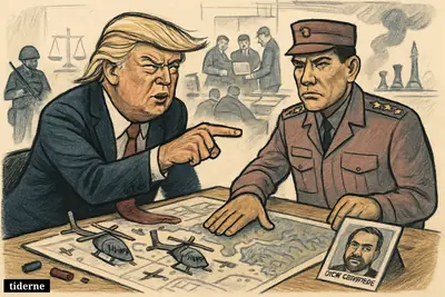 Trump and a Venezuelan officer stand over a raid table, coordinating an operation targeting gang leader Niño Guerrero in a tense command room.