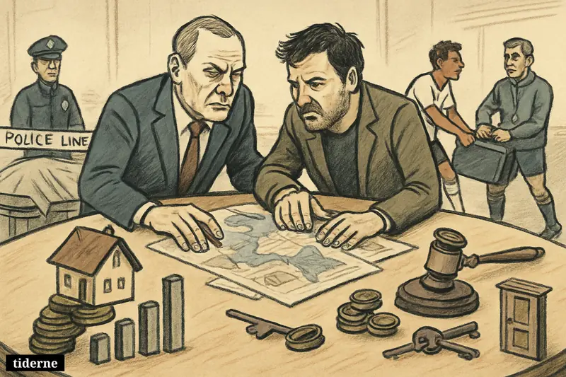 Caricature news scene with EU-Ukraine talks centered, plus housing, immigration enforcement, football transfers, and residency enforcement symbols. (AI-genereret illustration)