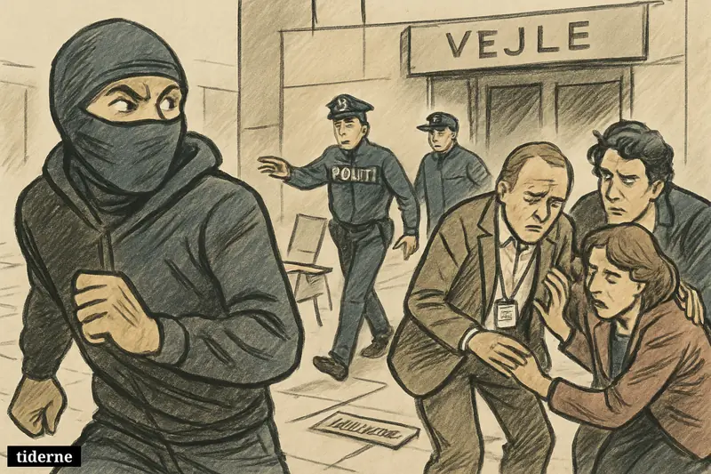 A masked man flees from a meeting hall as police approach and worried conference attendees help a shaken participant near the entrance.