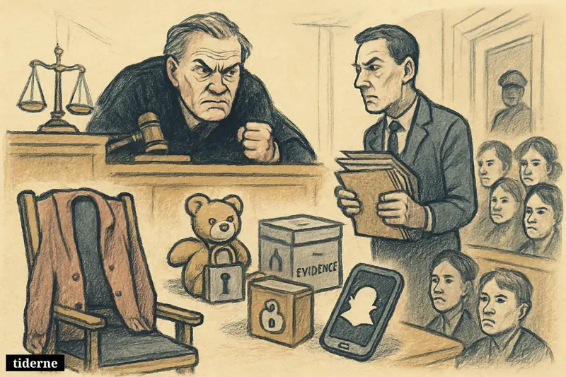 A courtroom caricature with an empty accused chair, judge, prosecutor, jurors, child-safety symbols, and a smartphone referencing Snap Inc.