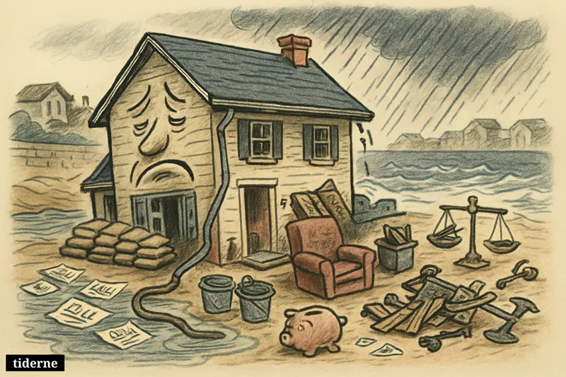 A flooded coastal home sits trapped between storm surge and rainwater, surrounded by repair debris, bills, sandbags, and symbols of rising costs.
