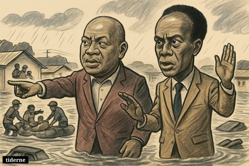 Caricatures of John Dramani Mahama and Kwame Nkrumah stand in Accra floodwaters as rescuers pull residents to safety nearby.