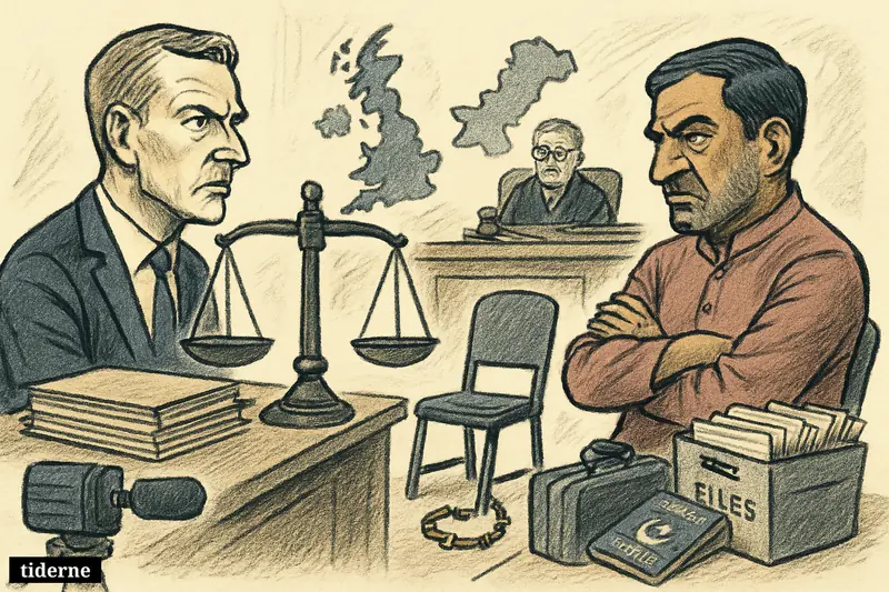 A caricature immigration hearing shows British and Pakistani officials in a legal standoff over an empty detainee chair and blocked deportation. (AI-genereret illustration)