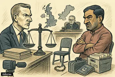 A caricature immigration hearing shows British and Pakistani officials in a legal standoff over an empty detainee chair and blocked deportation. (AI-genereret illustration)
