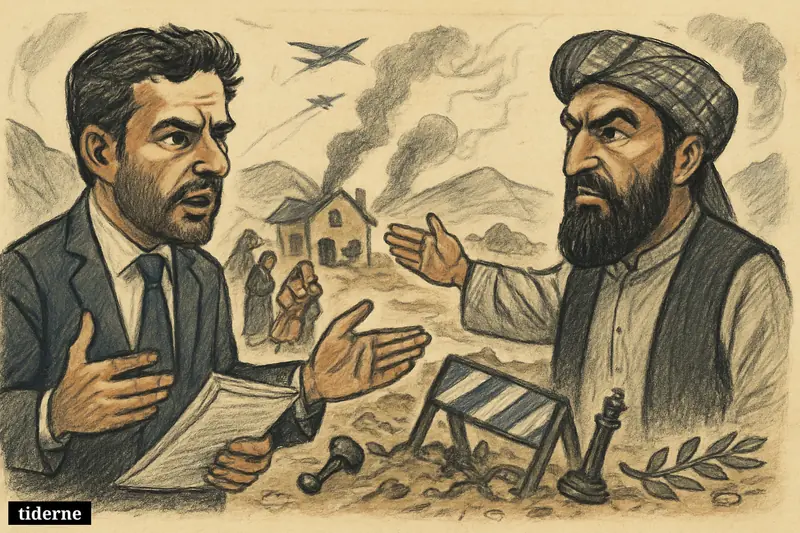 Caricatures of Attaullah Tarar and Zabihullah Mujahid confronting each other at a shattered border as civilians and children flee airstrike damage.