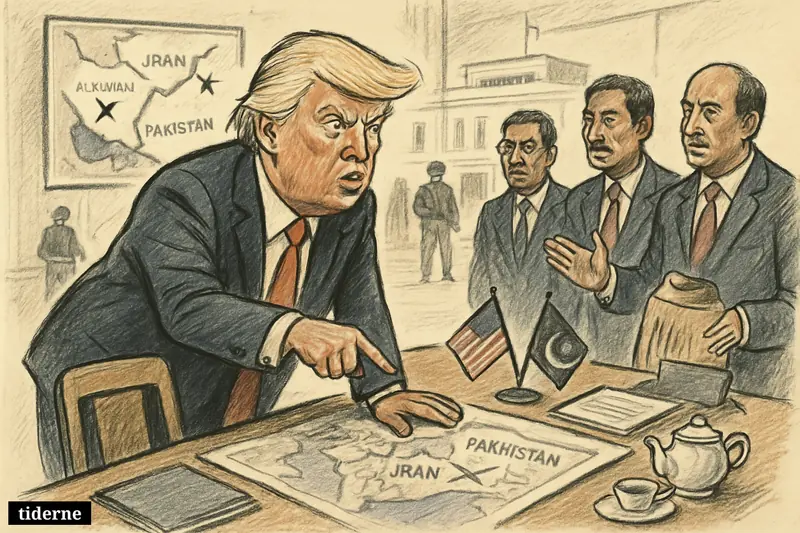 Donald Trump leans over a negotiation table in Islamabad as Pakistani officials and security staff frame a tense diplomatic meeting scene.