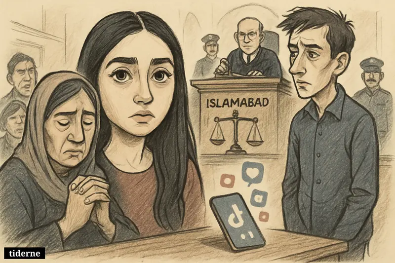 A courtroom caricature shows a young female influencer, a tense accused man, a judge’s bench, and social media symbols tied to violence.