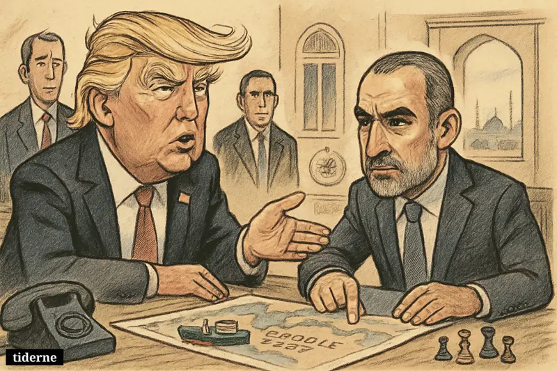 Trump and Hakan Fidan sit at a negotiation table in Islamabad with a map, chess pieces, and a model cargo ship.