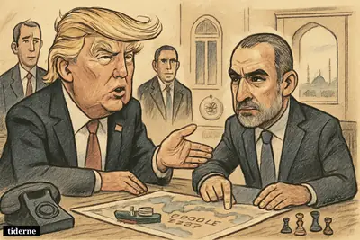 Trump and Hakan Fidan sit at a negotiation table in Islamabad with a map, chess pieces, and a model cargo ship.
