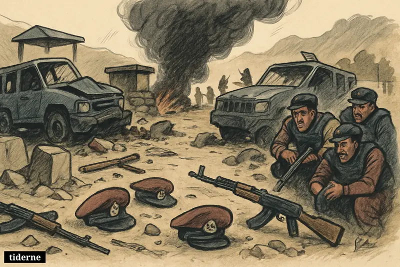 A devastated police checkpoint in Bannu after a car bomb, with fallen caps, wrecked vehicles, wounded officers, smoke, and distant militants.