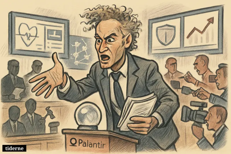 Alex Karp caricature at a desk with manifesto papers, surrounded by surveillance screens, government observers, critics, and symbols of healthcare, defense, policing, and finance.