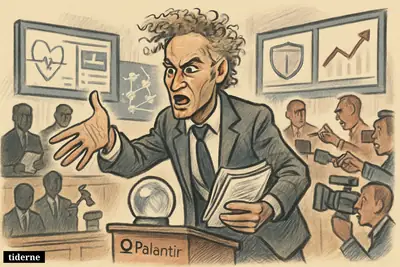 Alex Karp caricature at a desk with manifesto papers, surrounded by surveillance screens, government observers, critics, and symbols of healthcare, defense, policing, and finance.