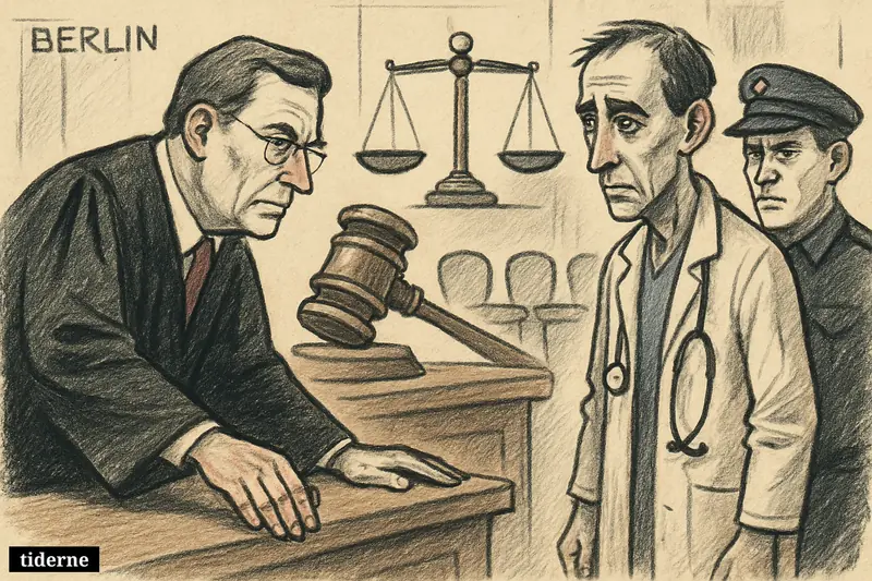 A courtroom caricature shows a stern judge sentencing a shocked doctor, with guard, scales, gavel, and empty patient chairs behind them. (AI-genereret illustration)