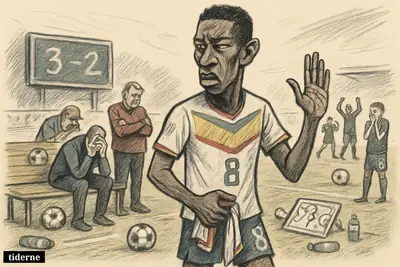 Pape Gueye turns away angrily on the sideline while Senegal coaches and teammates look dejected after a painful football defeat.