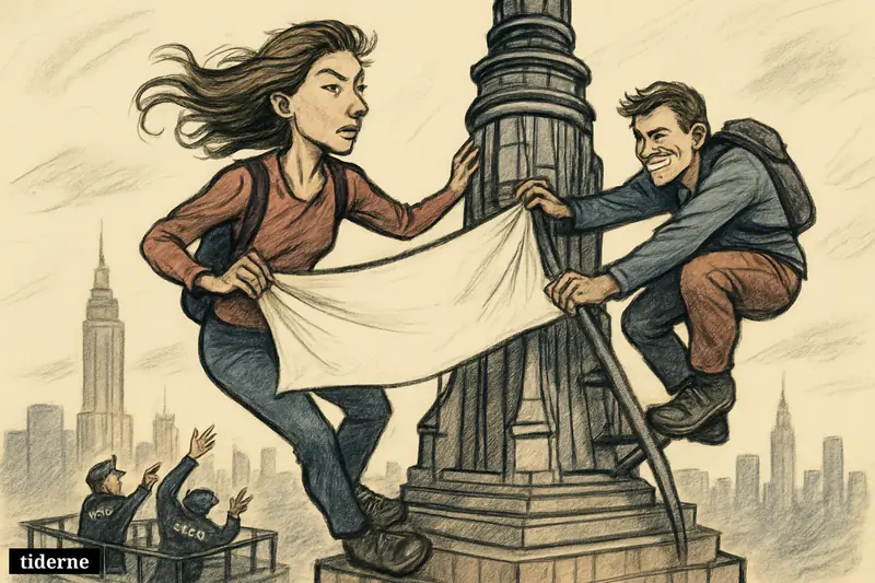 Caricature of two rooftop climbers atop the Empire State Building spire holding a peace banner as NYPD officers gather below.