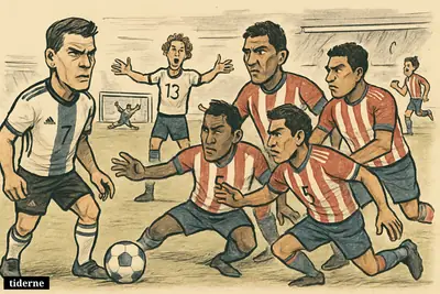 German players look trapped by Paraguay’s defense on a football pitch, while Paraguay break forward and celebrate after a penalty shootout win.