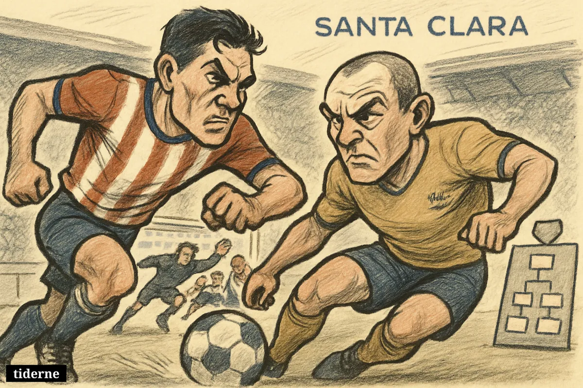 Two exaggerated football players representing Paraguay and Australia battle for the ball in a tense World Cup group-stage stadium scene.