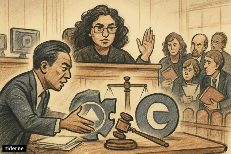 Caricature courtroom scene with Judge Araceli Martínez-Olguín overseeing Rob Bonta as media merger symbols are held apart during a tense hearing. (AI-genereret illustration)