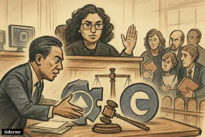 Caricature courtroom scene with Judge Araceli Martínez-Olguín overseeing Rob Bonta as media merger symbols are held apart during a tense hearing. (AI-genereret illustration)