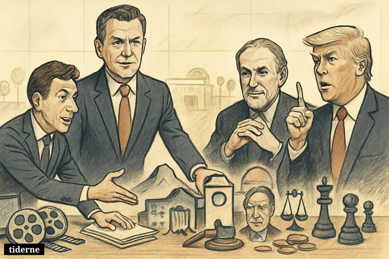 Caricature of four media and business figures in a Hollywood boardroom surrounded by merger papers, streaming props, and antitrust symbols.
