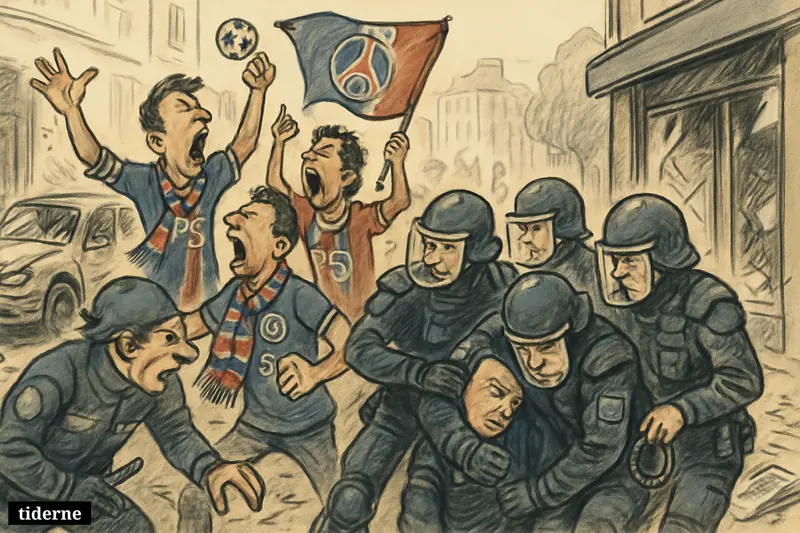Caricature of Paris street unrest after a PSG win, with police making arrests, injured officer, damaged car, and shattered shopfronts.