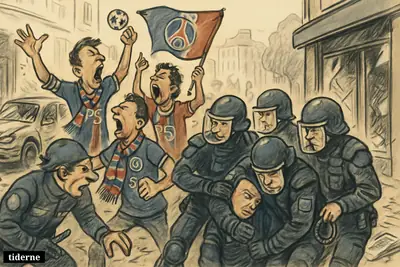 Caricature of Paris street unrest after a PSG win, with police making arrests, injured officer, damaged car, and shattered shopfronts.