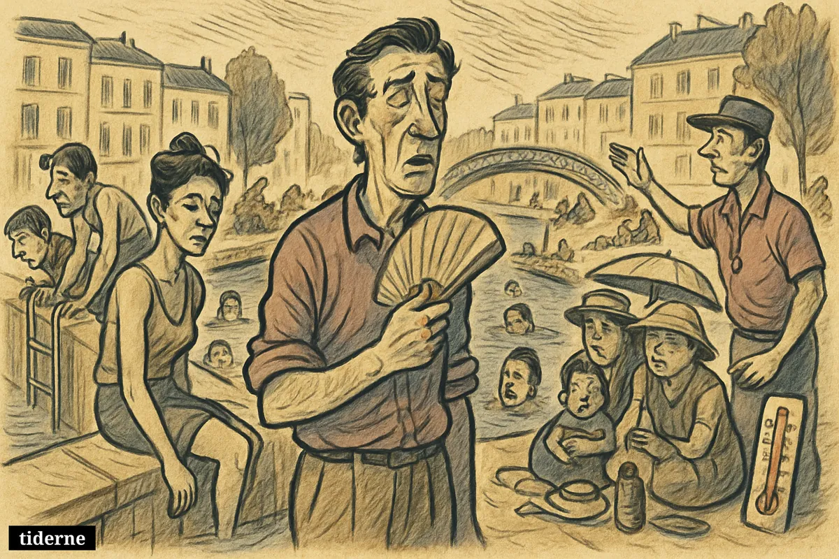 Parisians cool off in Canal Saint-Martin during a severe heatwave, with swimmers, weary faces, and heat-struck crowds along the canal edge.