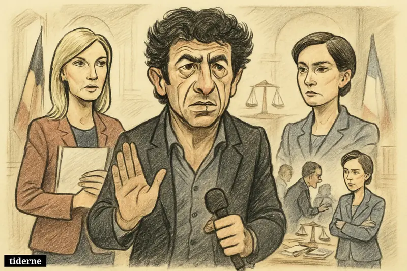 Patrick Bruel gestures in denial between Flavie Flament and Maud Brégeon as investigators examine case files in a justice-themed setting.