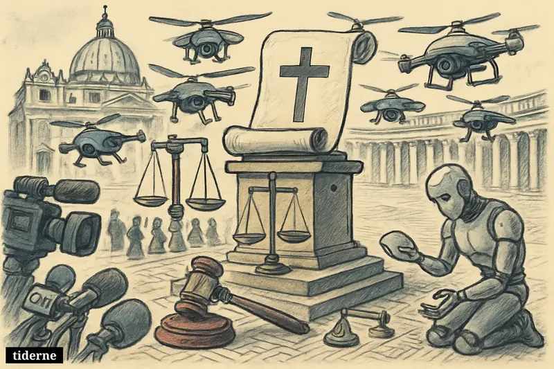 Autonomous drones press toward a Vatican podium with scales and gavel, while a broken robot kneels in St. Peter’s Square.