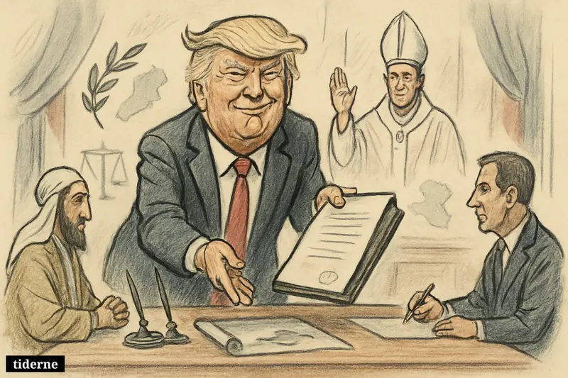 Caricature of Donald Trump presenting a peace agreement as Pope Leo approves behind him, with Iranian and American delegates at a signing table.