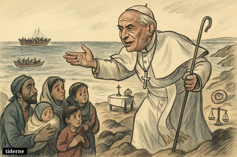Pope Leo XIV on Lampedusa’s shore reaches toward migrant families arriving by boat as a mass setup and Mediterranean crossing frame the scene.