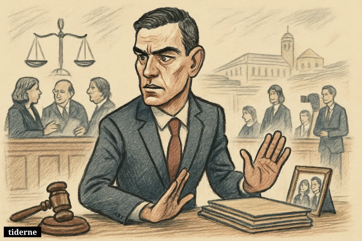Pedro Sánchez stands tensely at a government desk as judicial symbols and a courthouse setting suggest a family-linked legal scandal. (AI-genereret illustration)