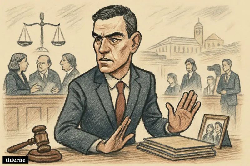 Pedro Sánchez stands tensely at a government desk as judicial symbols and a courthouse setting suggest a family-linked legal scandal. (AI-genereret illustration)