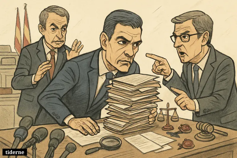 Pedro Sánchez at a desk under pressure, flanked by Zapatero and confronted by Feijóo amid investigation folders and justice symbols.