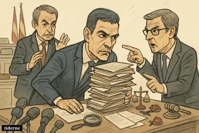 Pedro Sánchez at a desk under pressure, flanked by Zapatero and confronted by Feijóo amid investigation folders and justice symbols.
