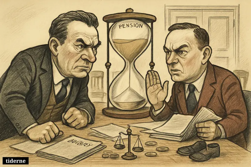 Hedtoft and H.C. Hansen face off across a negotiation table, blocked by an oversized pension clock-hourglass amid budget and welfare symbols.