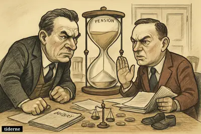 Hedtoft and H.C. Hansen face off across a negotiation table, blocked by an oversized pension clock-hourglass amid budget and welfare symbols.