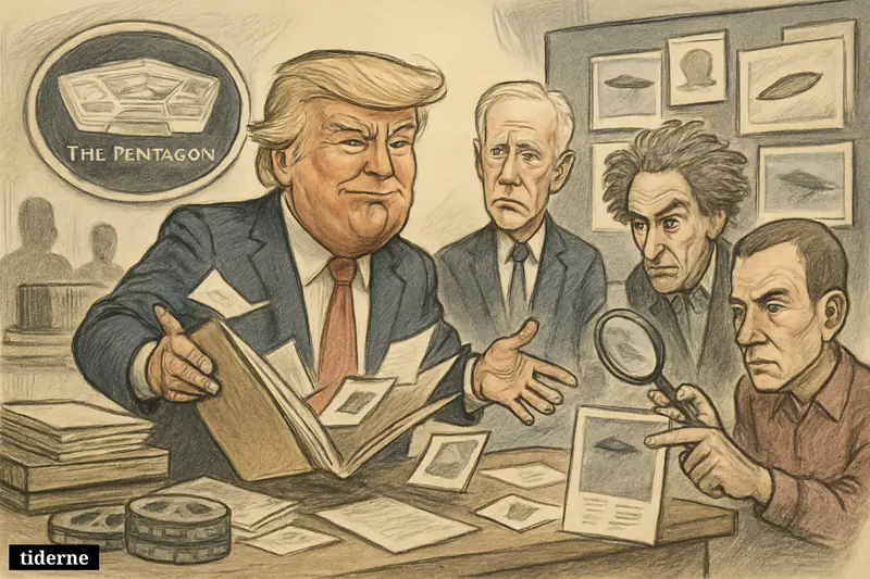 Trump unveils secret UAP files in a Pentagon room as Biden, Avi Loeb, and Mick West react around documents and image evidence.