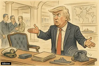 Donald Trump gestures beside an empty naval chair in a Pentagon office while anxious aides and military props suggest a sudden leadership gap.