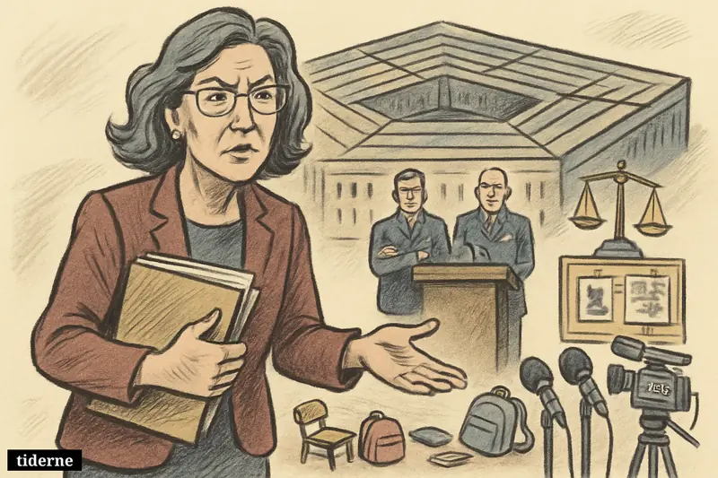 Caricature of Rachel VanLandingham questioning Pentagon silence, with school debris, guarded military officials, cameras, and investigation symbols outside a government building.