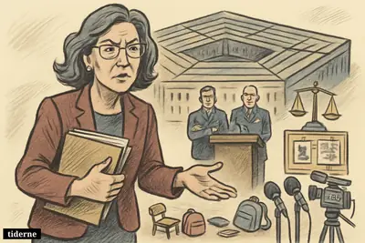 Caricature of Rachel VanLandingham questioning Pentagon silence, with school debris, guarded military officials, cameras, and investigation symbols outside a government building.