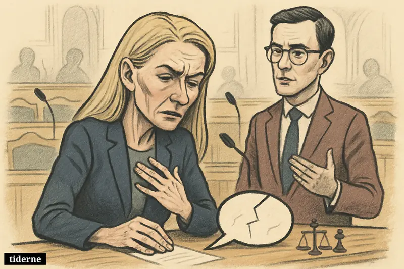 Pernille Vermund looks regretful at a desk in parliament while Alex Vanopslagh stands nearby observing her in a political debate setting.