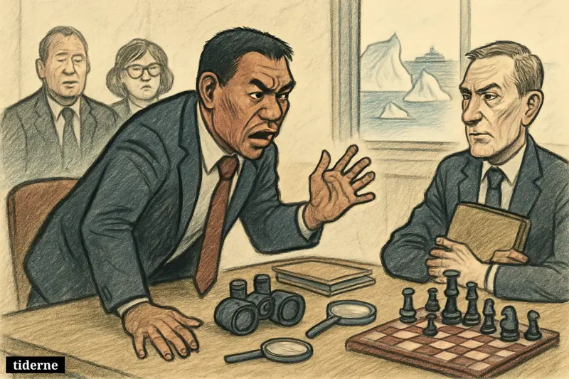 A Greenlandic politician confronts a Danish intelligence officer across a table with surveillance tools, chess pieces, and Arctic waters outside.