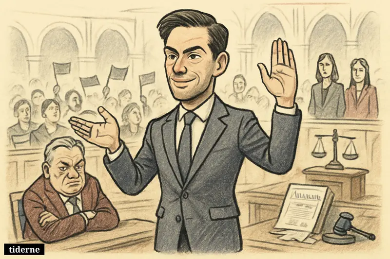 Péter Magyar takes center stage in parliament as a defeated Viktor Orbán slumps nearby during a tense Hungarian power transition.