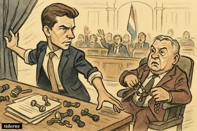 Péter Magyar strides through parliament pulling power away from a shocked Viktor Orbán amid symbols of legal change and political reversal.
