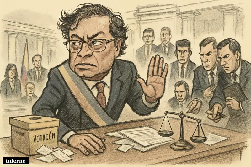 Caricature of Gustavo Petro at a presidential desk as investigators approach, with voting materials and justice symbols in a tense government setting.