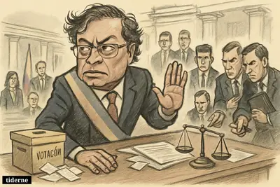 Caricature of Gustavo Petro at a presidential desk as investigators approach, with voting materials and justice symbols in a tense government setting.